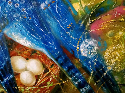 Abstract Blue Bird oil painting by Anatoly Tarabanov with eggs in nest