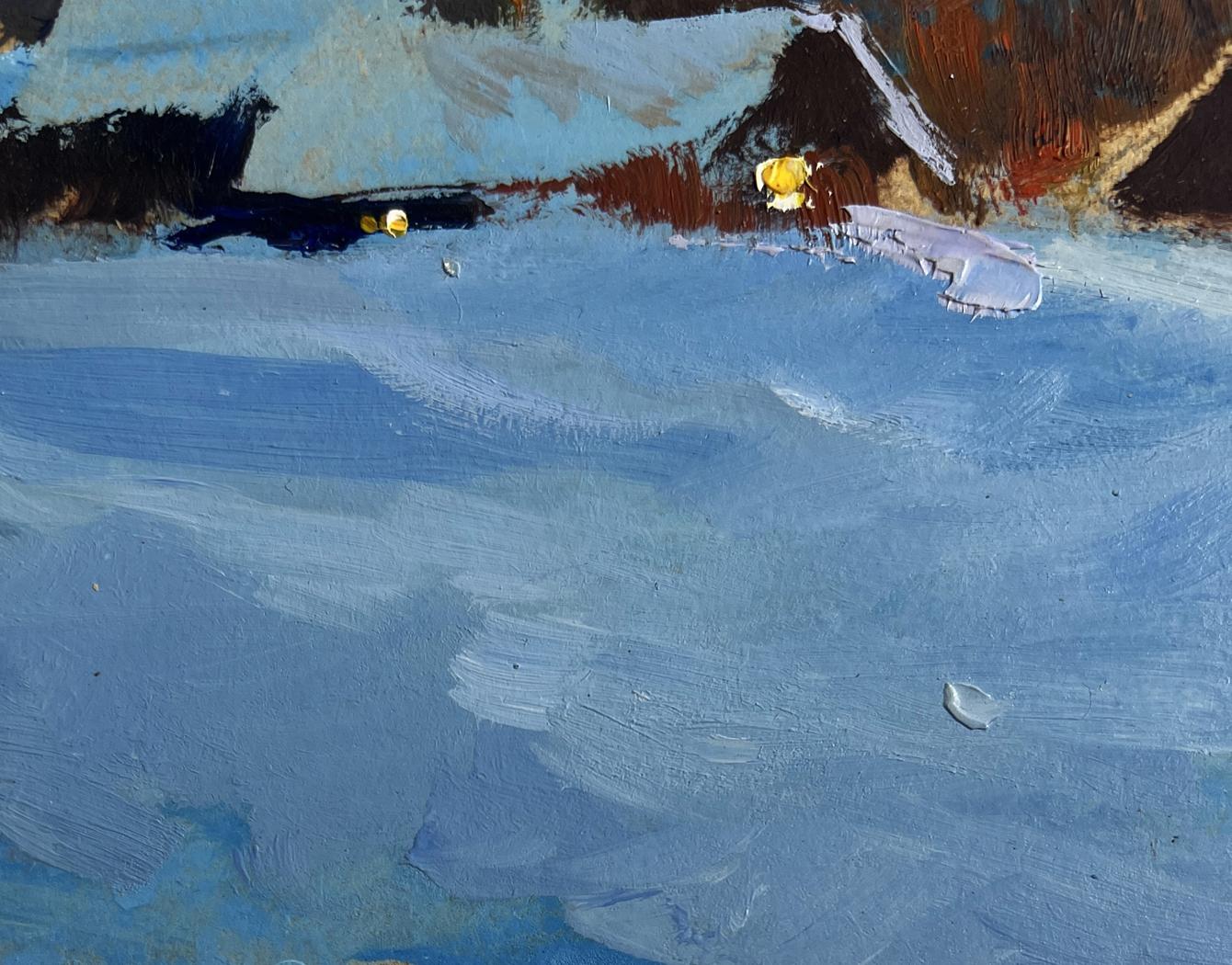 Oil painting A quiet evening in the snowy glow by Yuriy Suprunchuk textured blue canvas