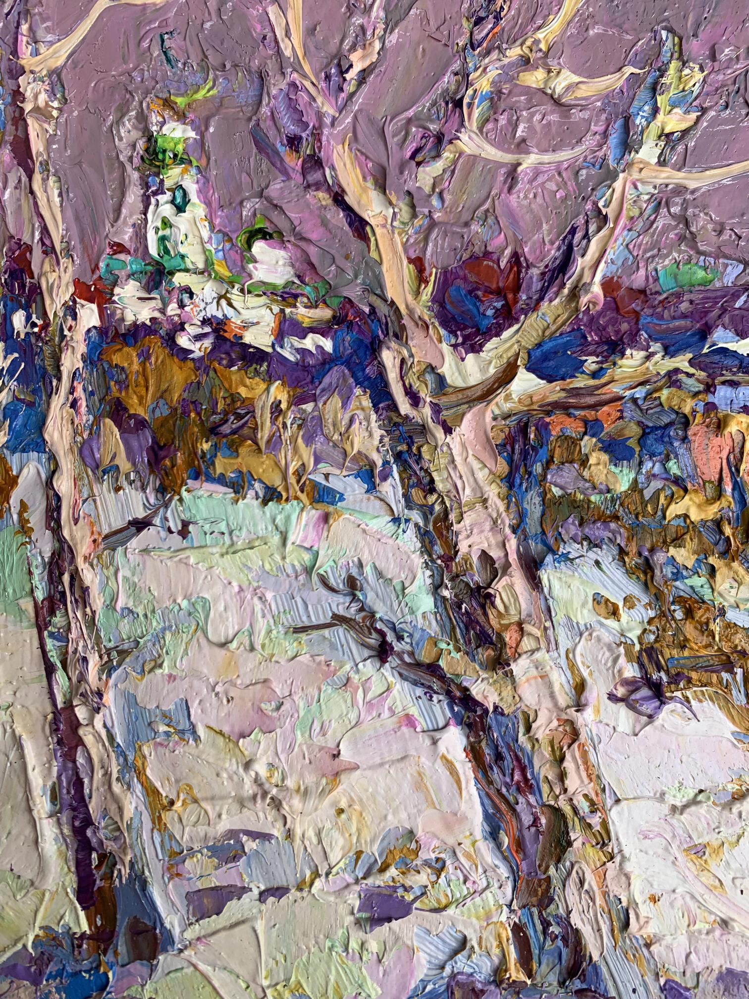 Oil painting The first snow fell by Oksana Ivanyuk with stylized trees