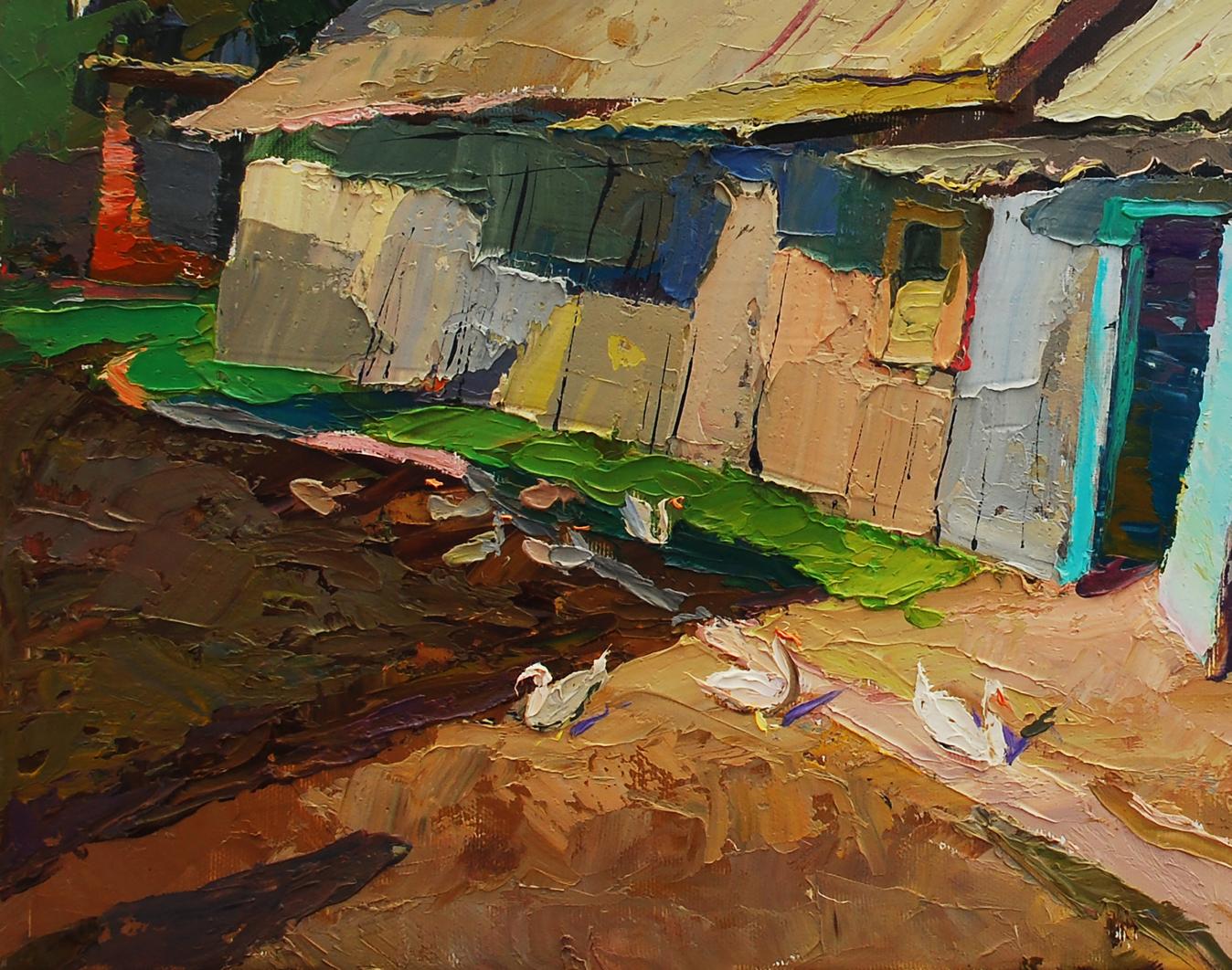Oil painting of Egor Shvachunovs cottage in yard with ducks