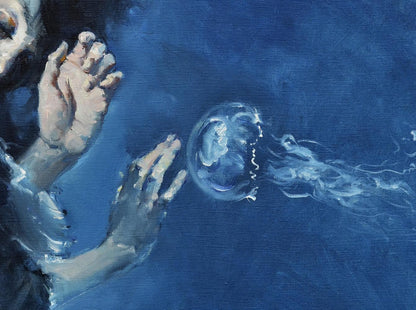 Translucent ethereal jellyfish glowing in oil painting by Oleg Kateryniuk