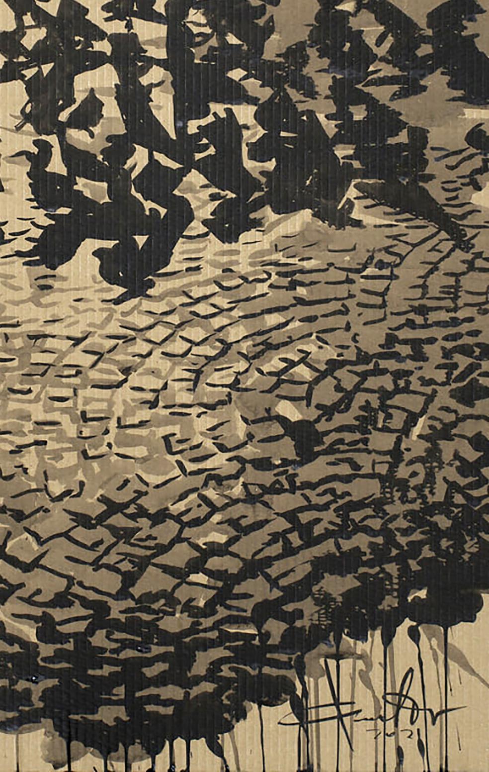 Abstract black and beige ink painting of birds on Dam Square by Dima Filatov