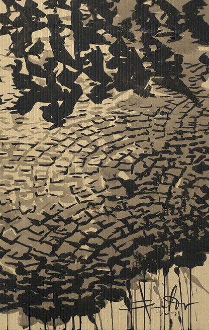 Abstract black and beige ink painting of birds on Dam Square by Dima Filatov