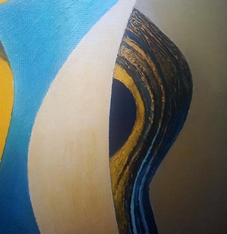 Oil painting of yellow blue vase by Alexander Strashevich, bold blue curves on beige