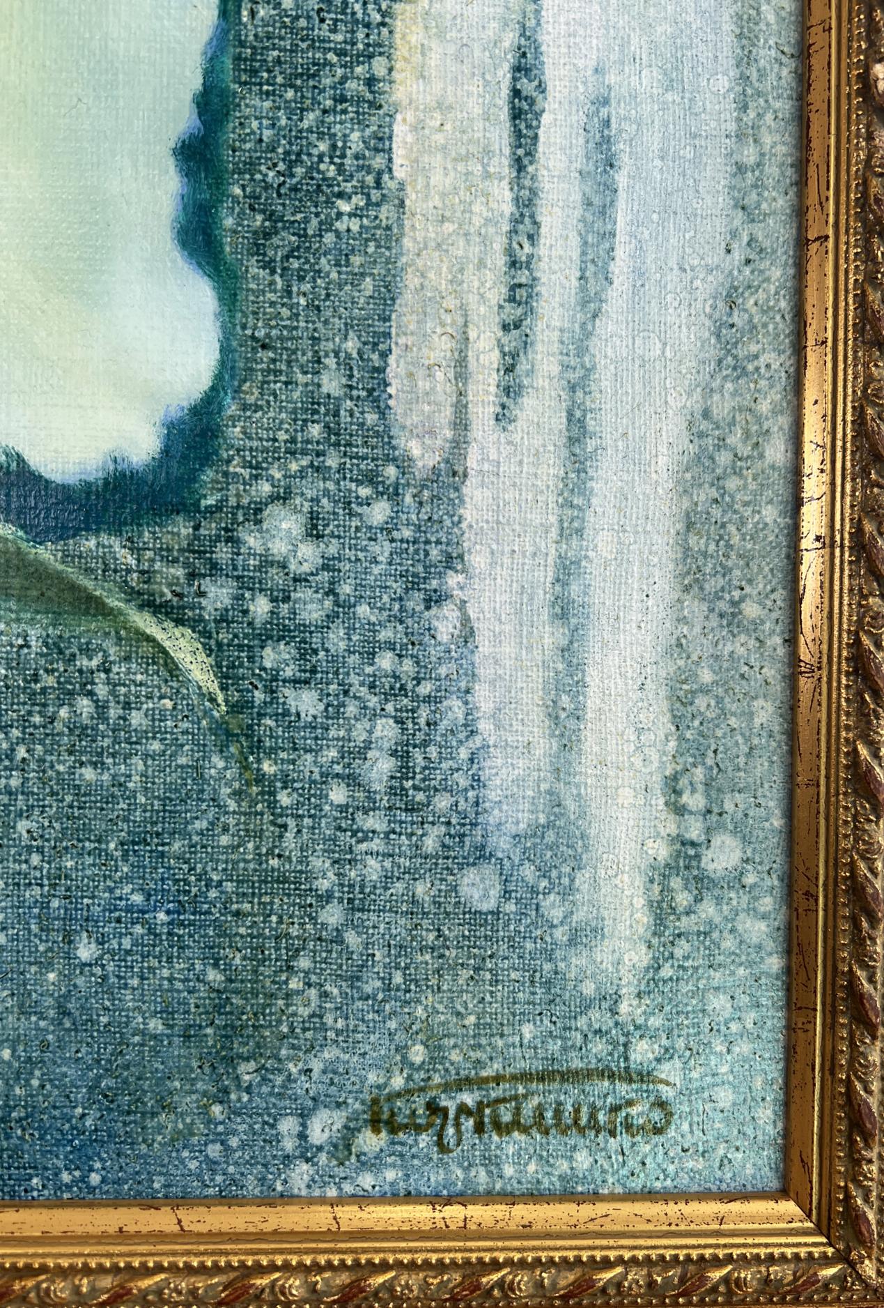 Textured blue and white abstract oil painting by Vasily Korkishko in ornate gold frame