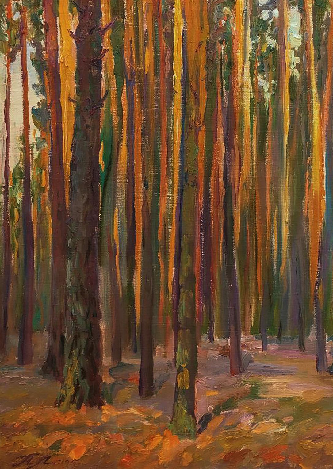 Oil painting of pine forest by Leonid Pavlenko, vibrant textured trees