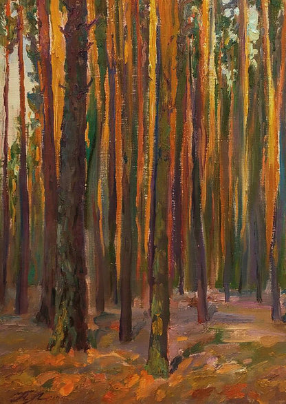 Oil painting of pine forest by Leonid Pavlenko, vibrant textured trees