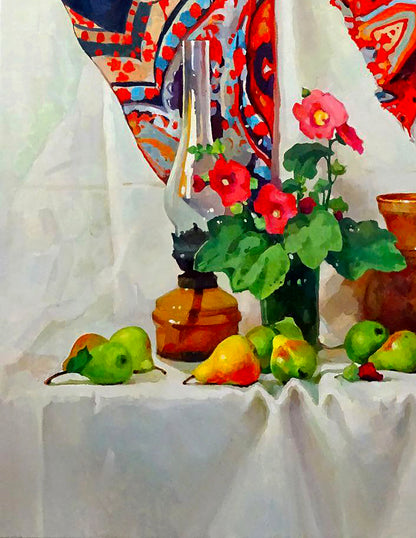 Oil lamp on white cloth in Anastasia Yaroshevich hollyhocks still life