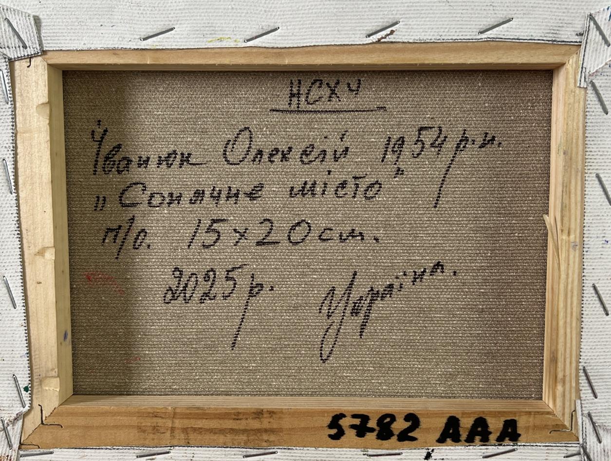 Back of framed Oil painting Dynamics of the Solar City by Oleksiy Ivanyuk with Cyrillic text