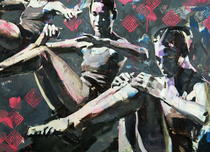 Oil painting by Ed Potapenkov: abstract figures in red patterns