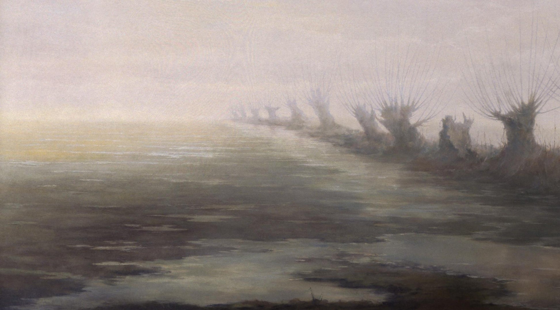 Oil painting Early spring by Vasily Korkishko: misty spiky trees by water