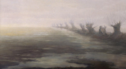 Oil painting Early spring by Vasily Korkishko: misty spiky trees by water