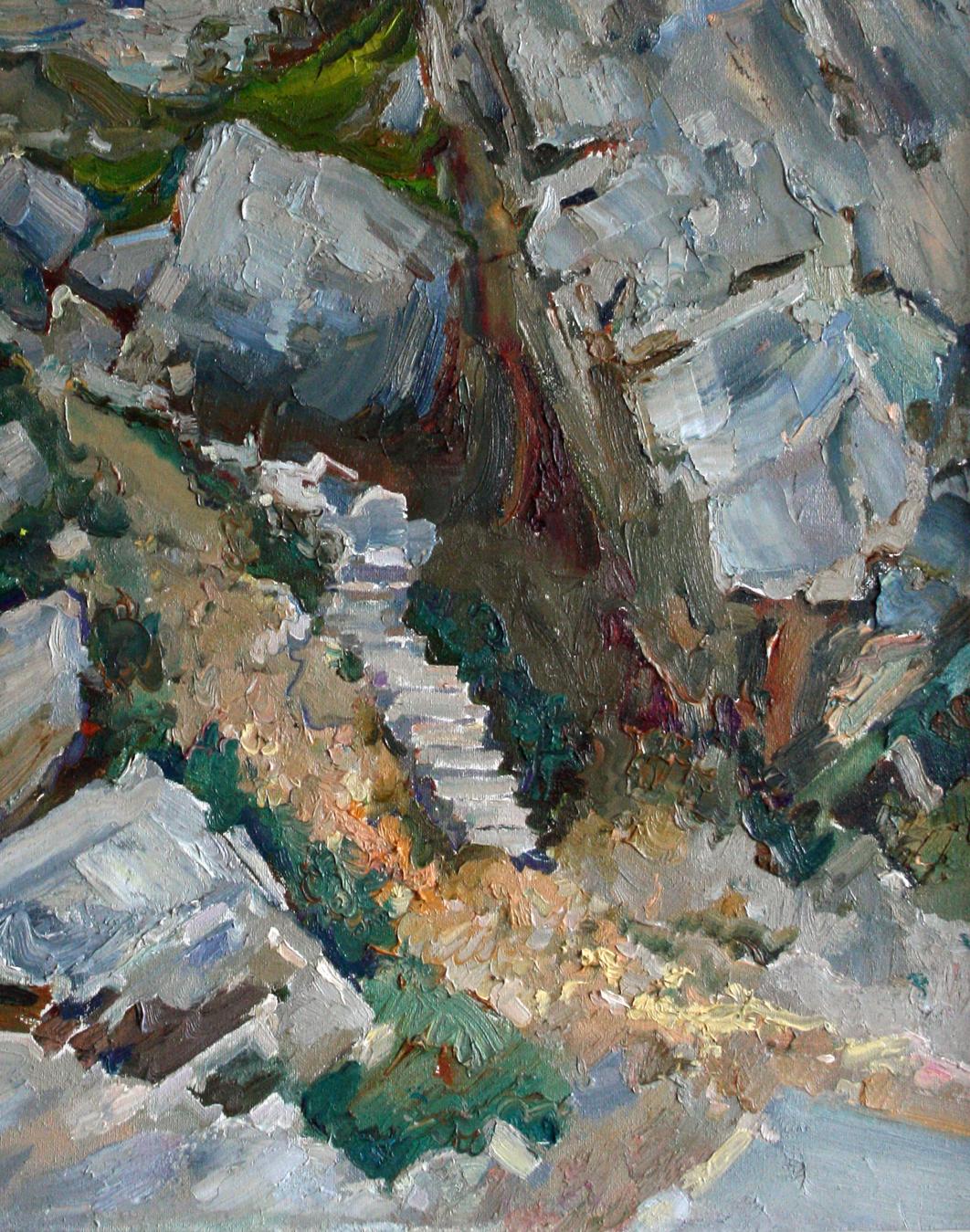 Impasto oil painting Among the Rocks by Leonid Pavlenko, rocky path in greenery