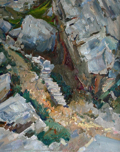 Impasto oil painting Among the Rocks by Leonid Pavlenko, rocky path in greenery