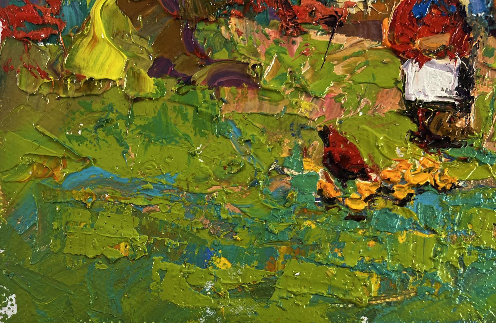 Vibrant green, yellow, red impasto oil painting Warm of wings by Oksana Ivanyuk