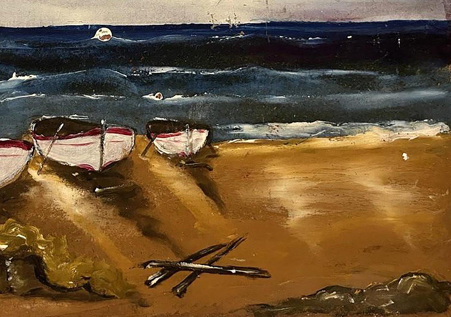Oil painting of three small white boats with red stripes on sandy beach by unknown artist