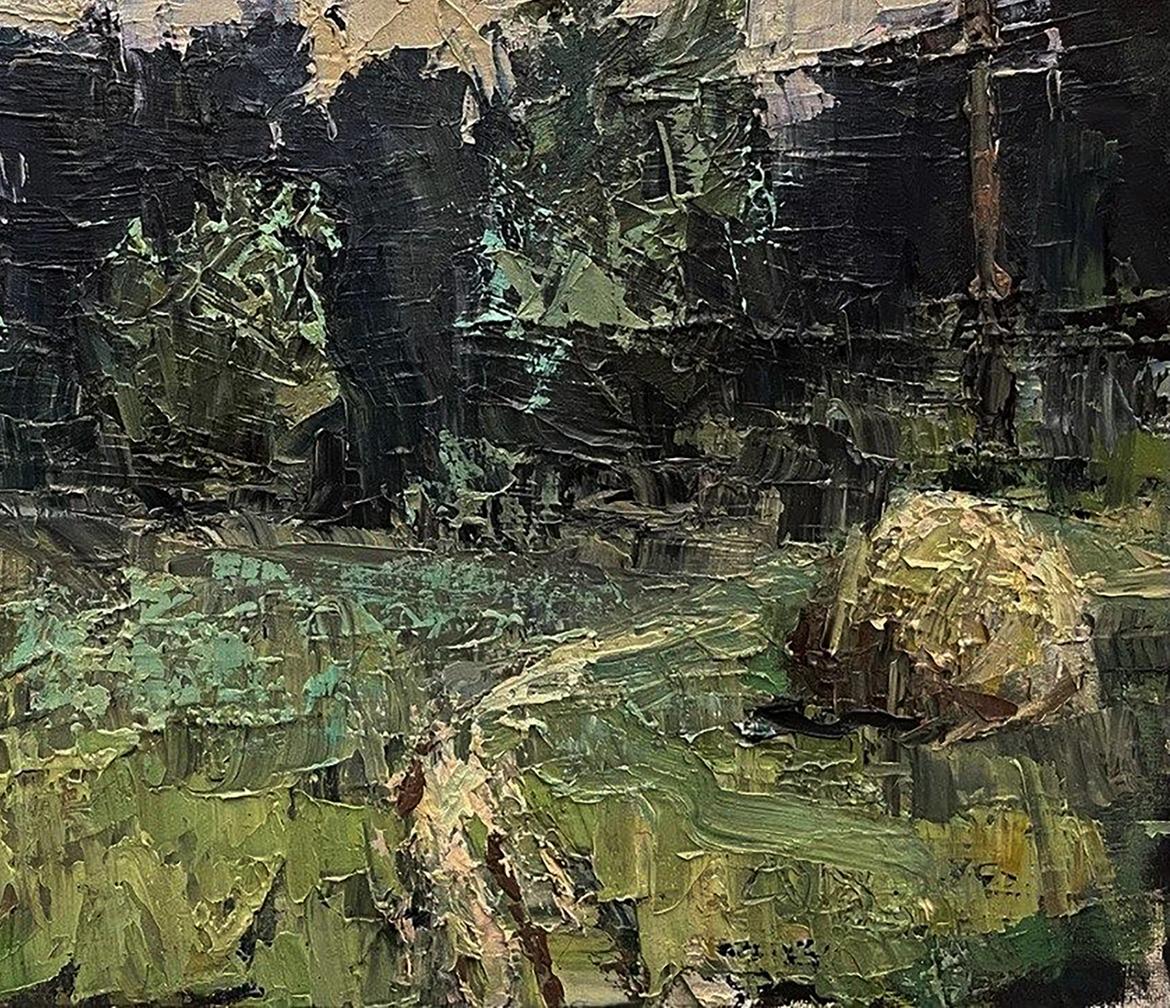 Oil painting May forest by Volodymyr Pashchenko: textured rocky landscape