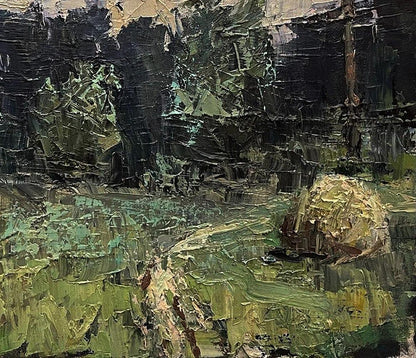 Oil painting May forest by Volodymyr Pashchenko: textured rocky landscape