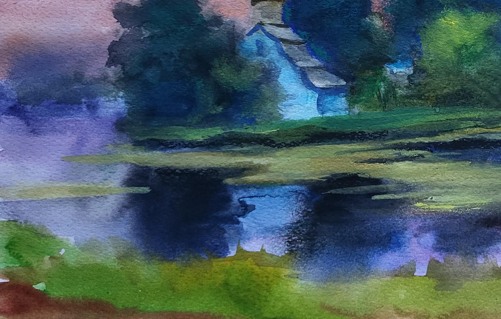 Watercolor painting Morning over the river by Boris Serdyuk, blue house in trees reflected in water