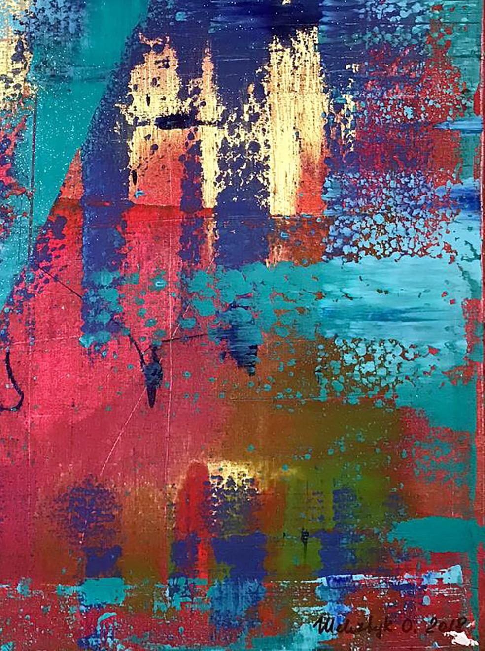 Vibrant Summer Breeze acrylic painting by Olga Melezhik, bold red teal strokes