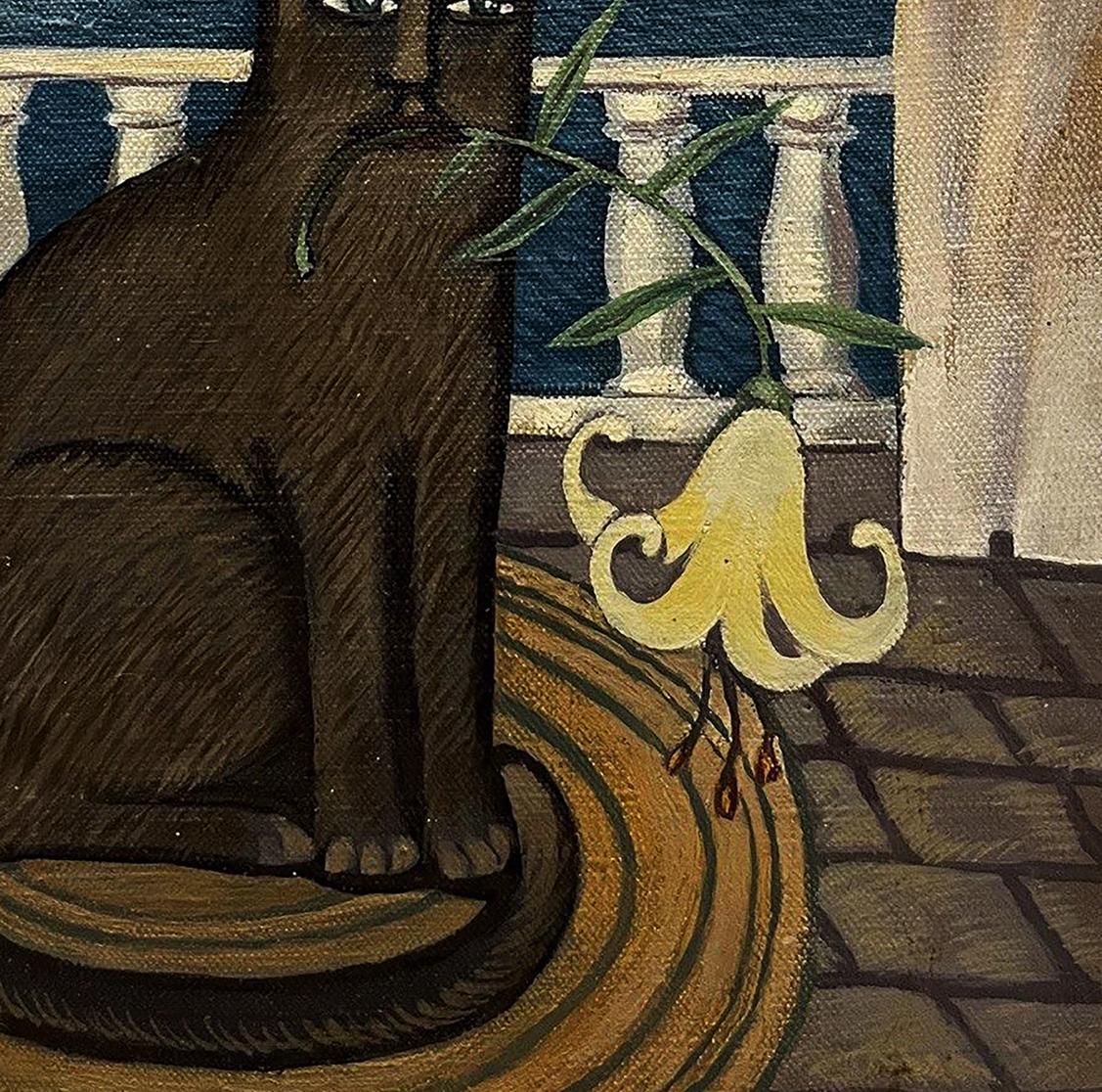 Oil painting Kitty by Yana Pervyakova: dark brown cat on woven rug by lily