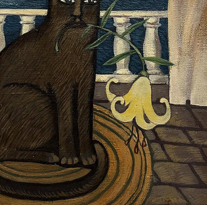 Oil painting Kitty by Yana Pervyakova: dark brown cat on woven rug by lily