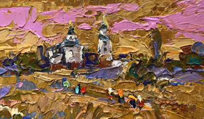 Oil painting Autumn steppes by Oleksiy Ivanyuk: church with domes on pink sky