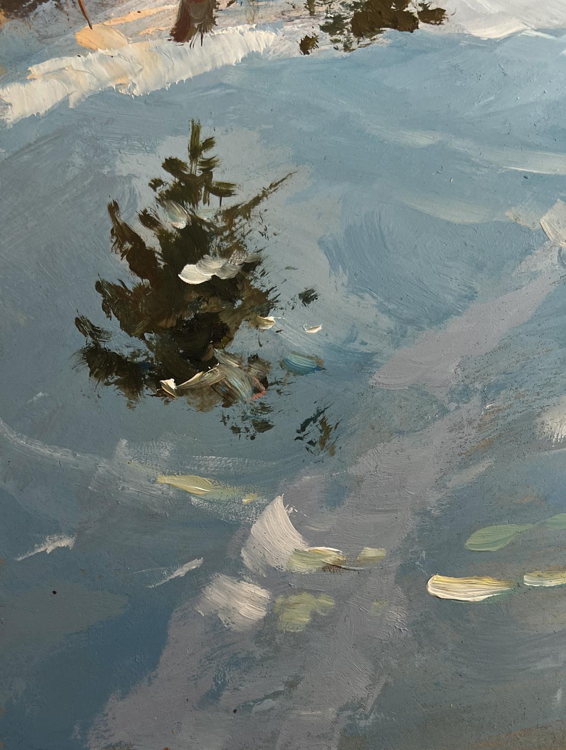 Oil painting Rest in the winter forest by Yuriy Suprunchuk: green pine reflection in rippling water