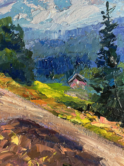 Oil painting Fresh mountain air by Boris Serdyuk: pink house amid green trees and hills