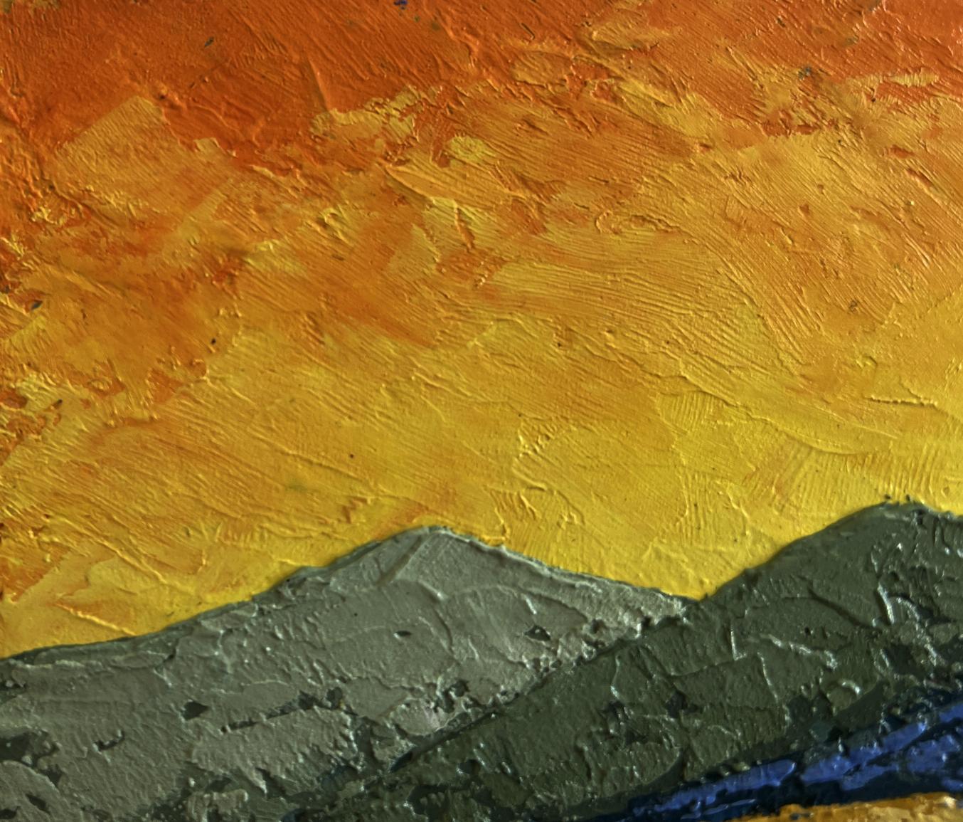 Oil painting of vibrant sunset behind mountains by V. Zadorozhnya