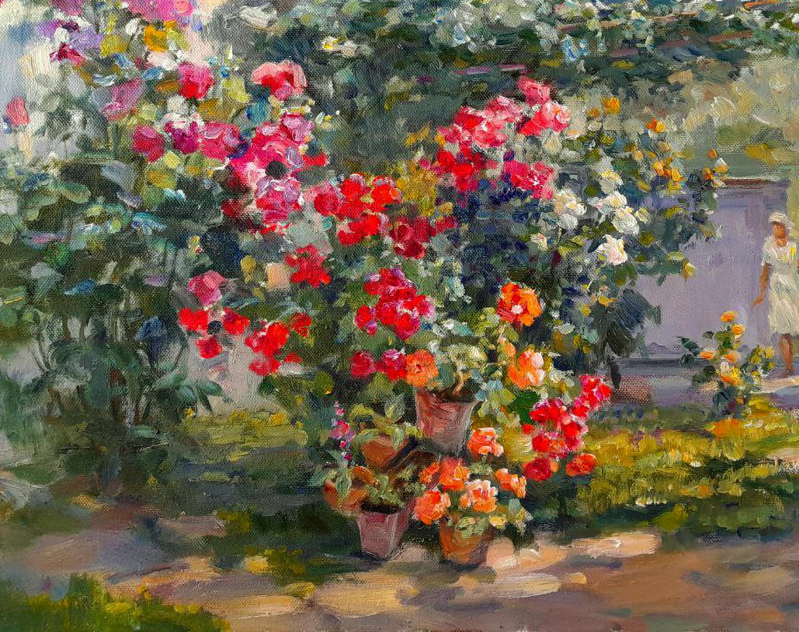 Vibrant oil painting Under the arch of peace by Ivan Kovalenko: lush garden with potted roses