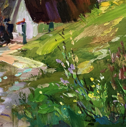 Vibrant impressionist oil painting of house in mountains by Yuriy Suprunchuk