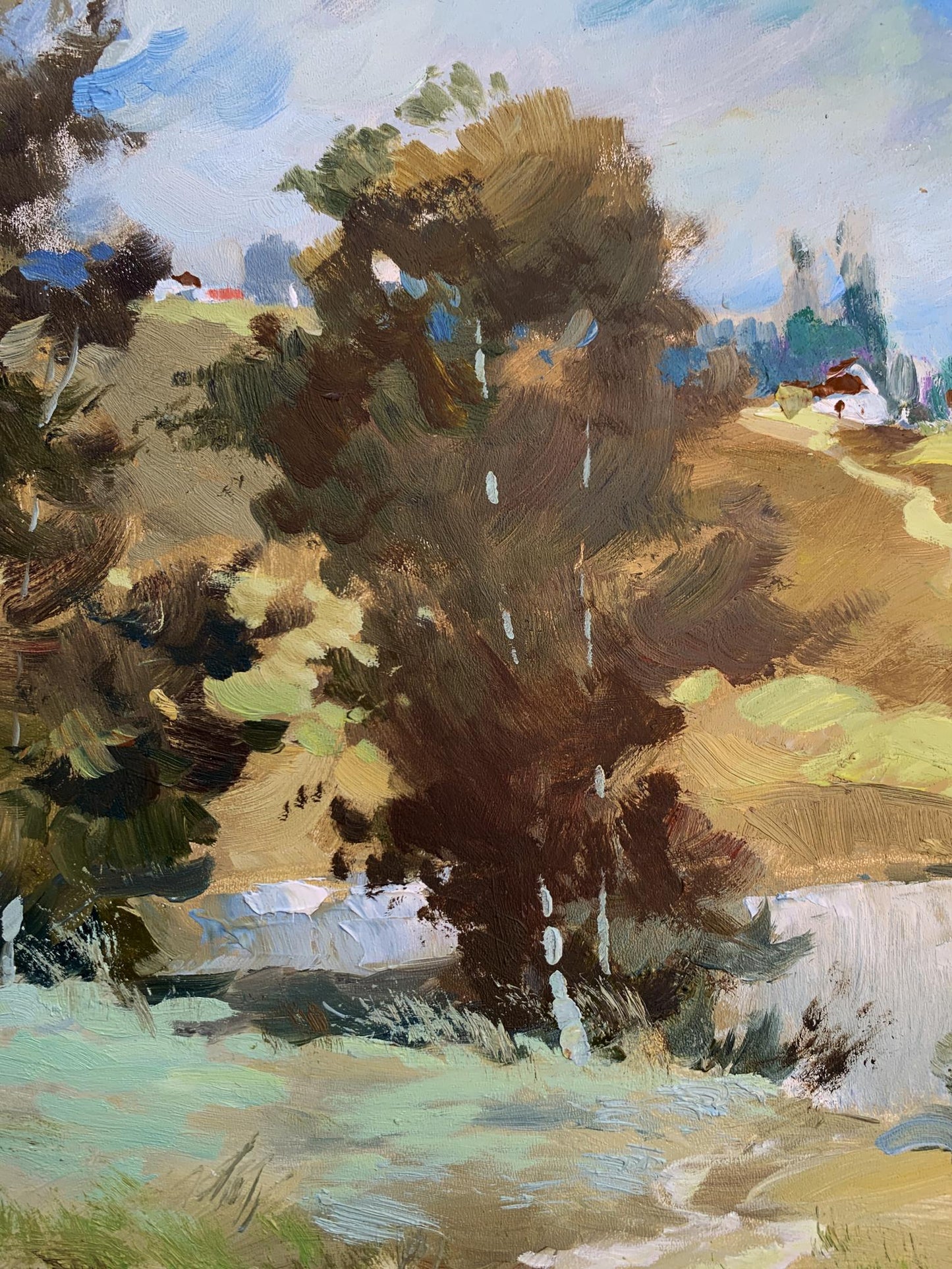 Textured oil painting of tree by village pond by Yuriy Suprunchuk