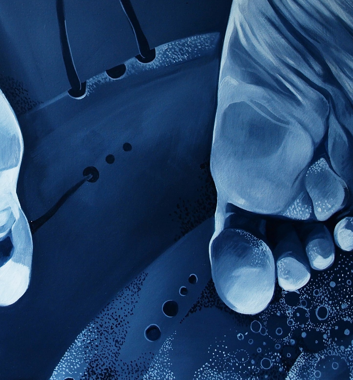 Detailed blue-toned illustration of foot beside shoe toe in Konsta G. Amelinn oil painting