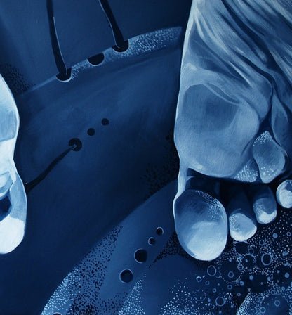 Detailed blue-toned illustration of foot beside shoe toe in Konsta G. Amelinn oil painting