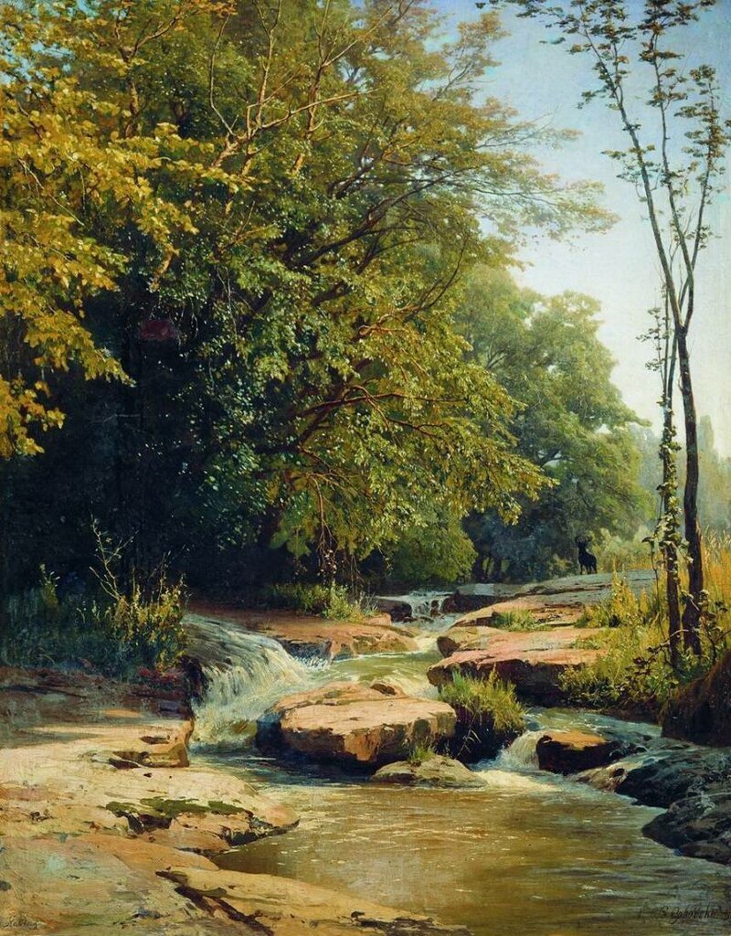 19th century painting by Volodymyr Orlovsky of serene forest stream