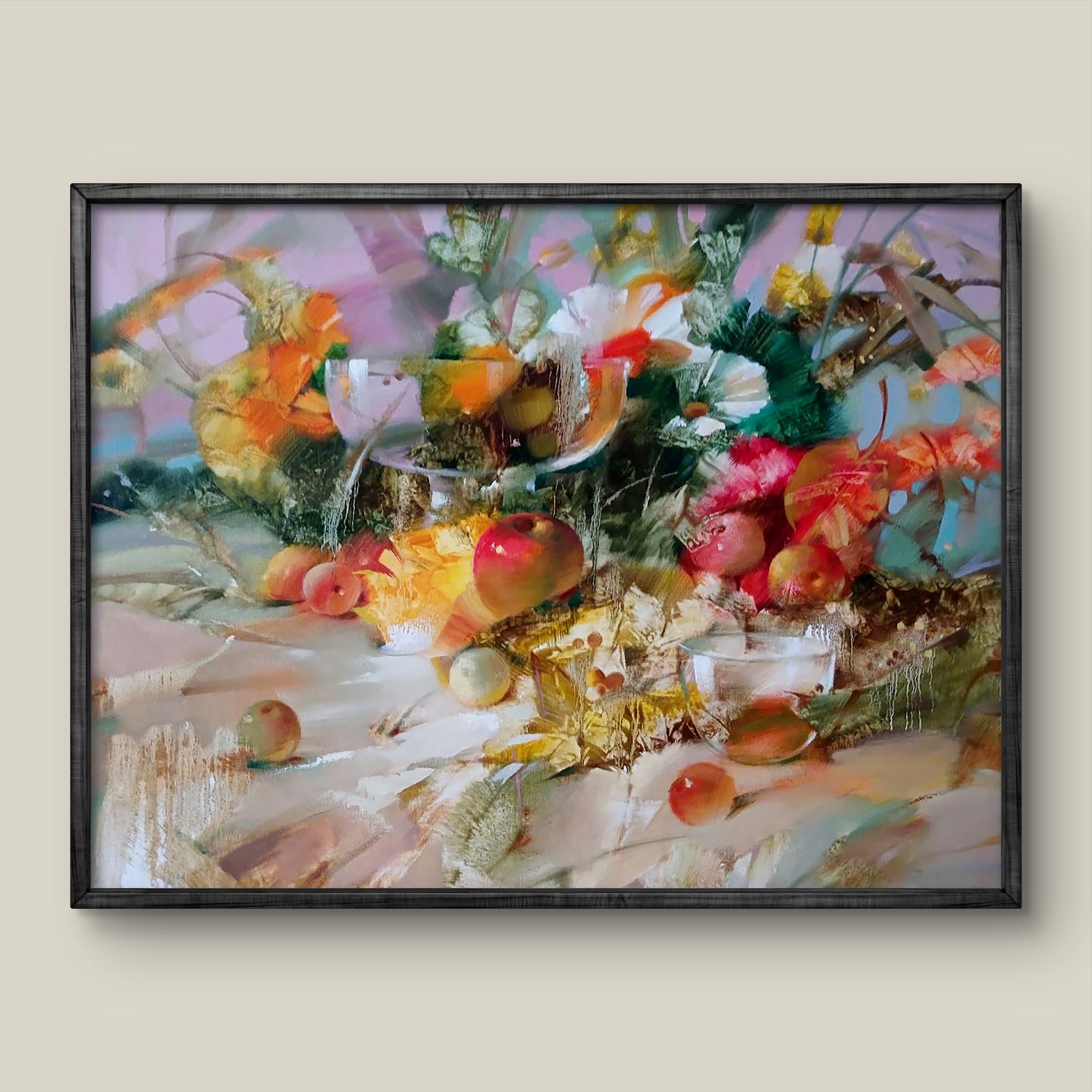 Abstract oil still life painting by Anatoly Tarabanov in dark frame