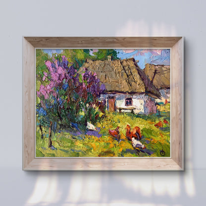 Oil painting by Oksana Ivanyuk: white thatched cottage with chickens in foliage