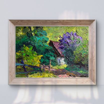 Oil painting Lilac bush in garden by Boris Serdyuk rustic cottage landscape