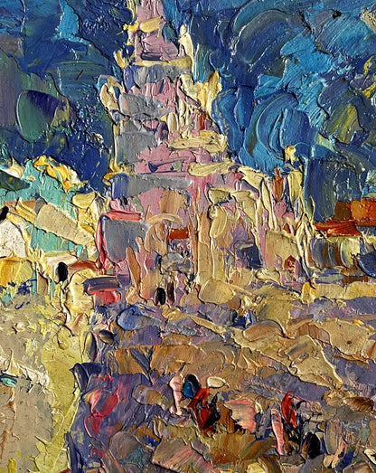 Oil painting of city tower on sunny day by Oleksiy Ivanyuk