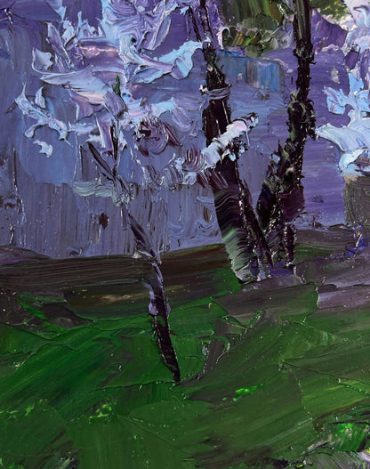 Oil painting Spring evening city mood by Boris Serdyuk with stylized trees