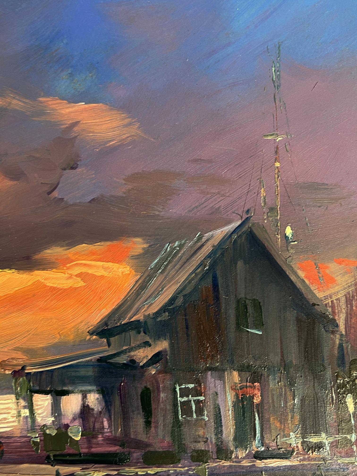 Oil painting of rustic wooden house by Yuriy Suprunchuk under dramatic sky