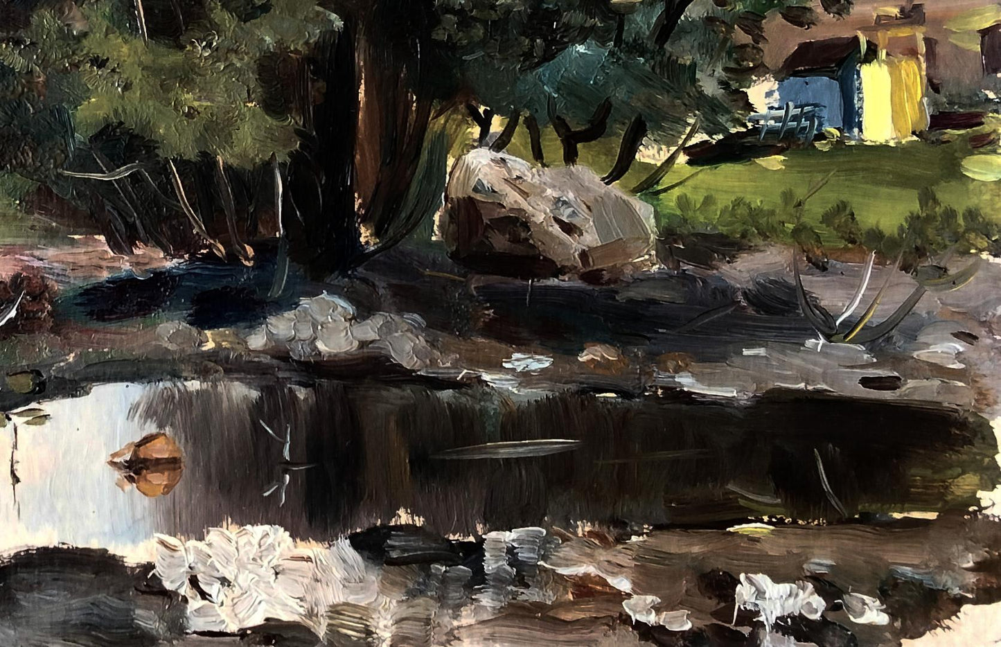 Oil painting Evening by the River by Vitaly Duhnevich: textured rock by pond under trees