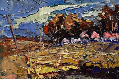 Impressionistic oil painting of pond near village by Oksana Ivanyuk