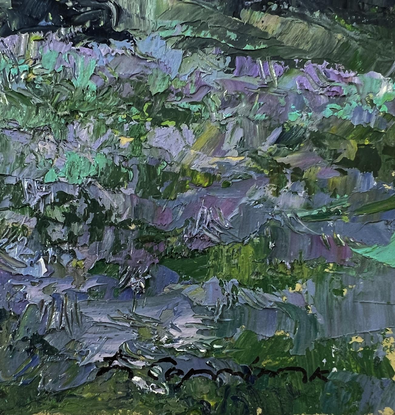 Oil painting of mountain meadows with lush green foliage and purple flowers by Boris Serdyuk