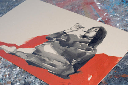 Grayscale reclining figure acrylic painting Red Wine by Dima Filatov