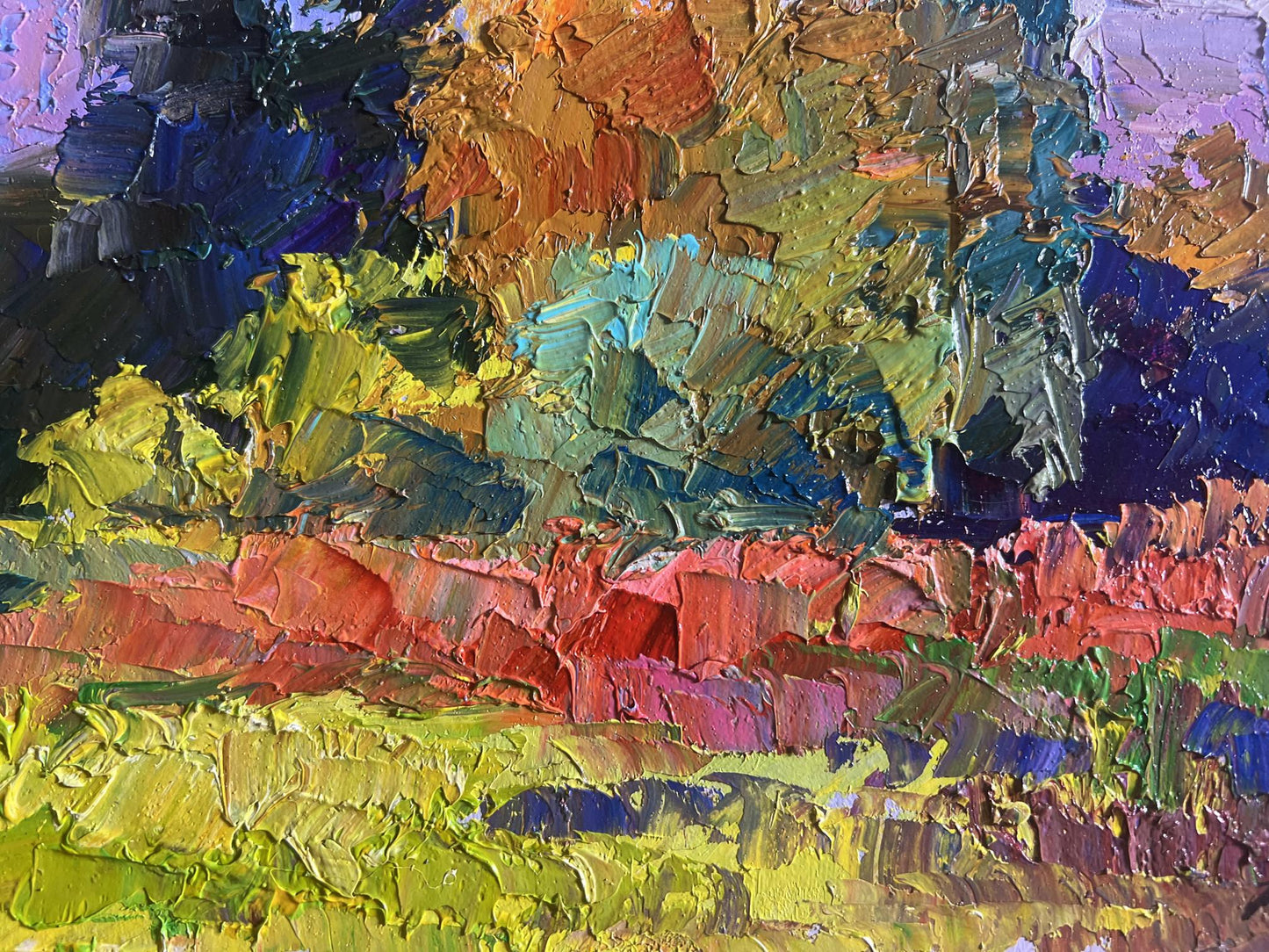 Vibrant impressionist oil painting of autumn meadows by Boris Serdyuk