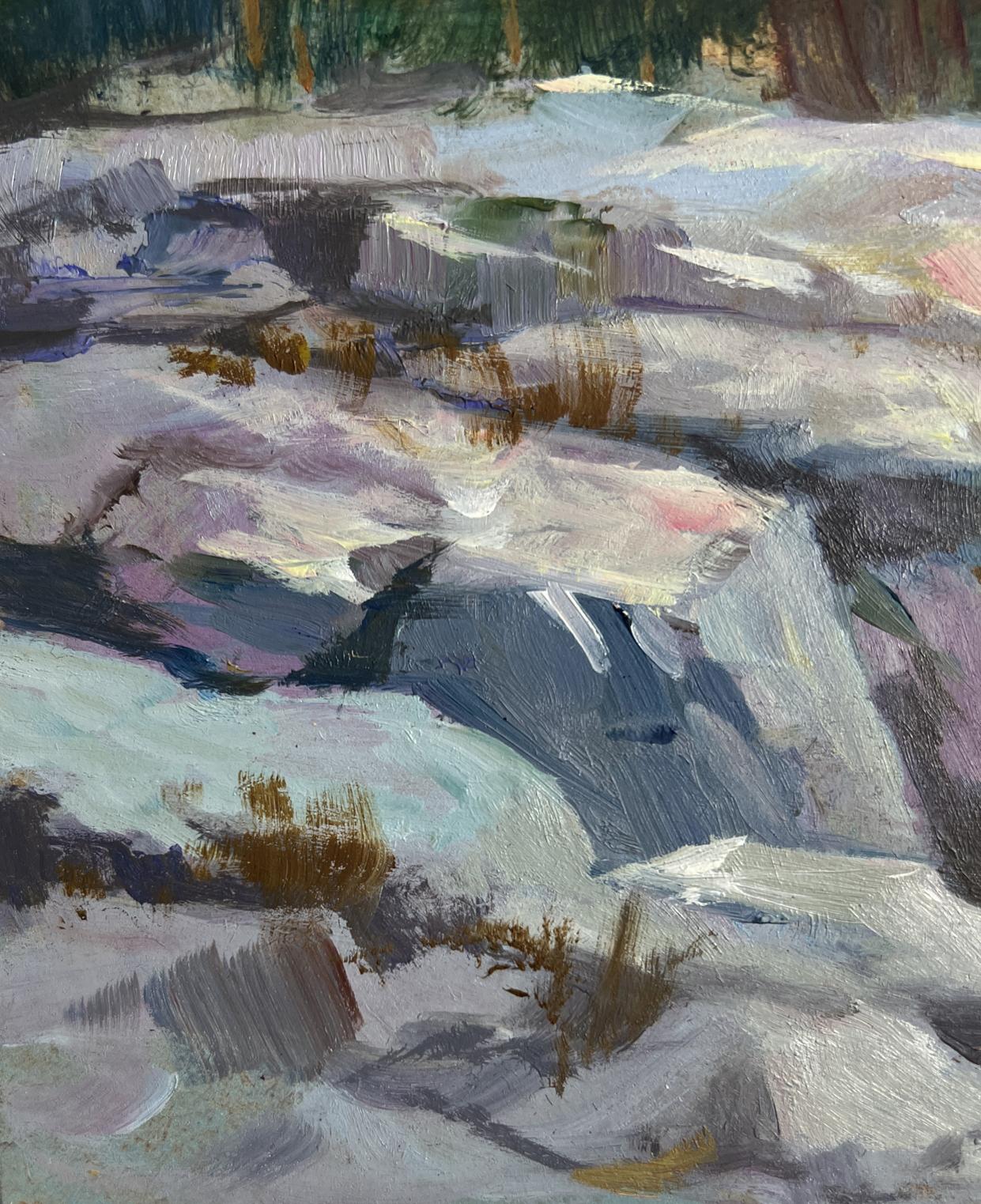 Textured impressionistic oil painting of snowy riverside landscape by Yuriy Suprunchuk
