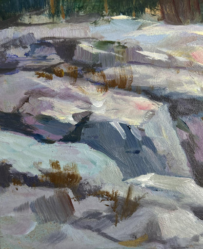 Textured impressionistic oil painting of snowy riverside landscape by Yuriy Suprunchuk