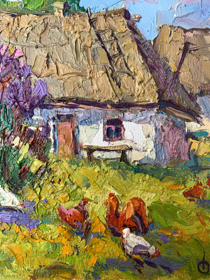 Oil painting by Oksana Ivanyuk: Chickens in rustic thatched cottage yard